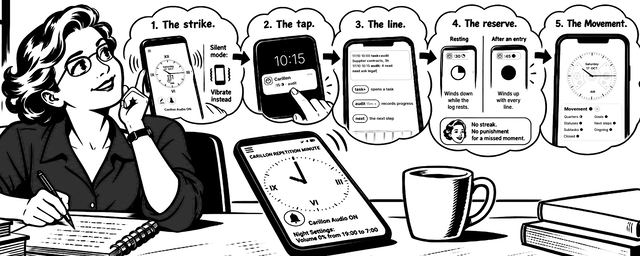 Ink illustration of a woman in glasses writing at her desk and looking up at five thought bubbles that show the strike, the tap, the line, the reserve and the Movement on Carillon Repetition Minute screens, with a phone showing the app's dial in front of her.