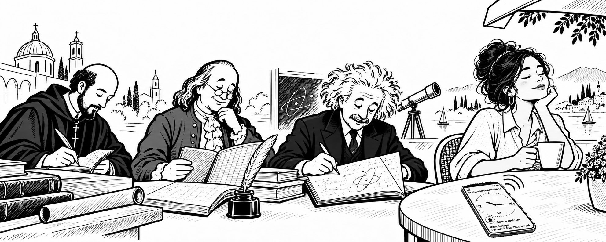 Ink illustration of historical thinkers writing in notebooks at a long table, next to a woman with a coffee and a phone.