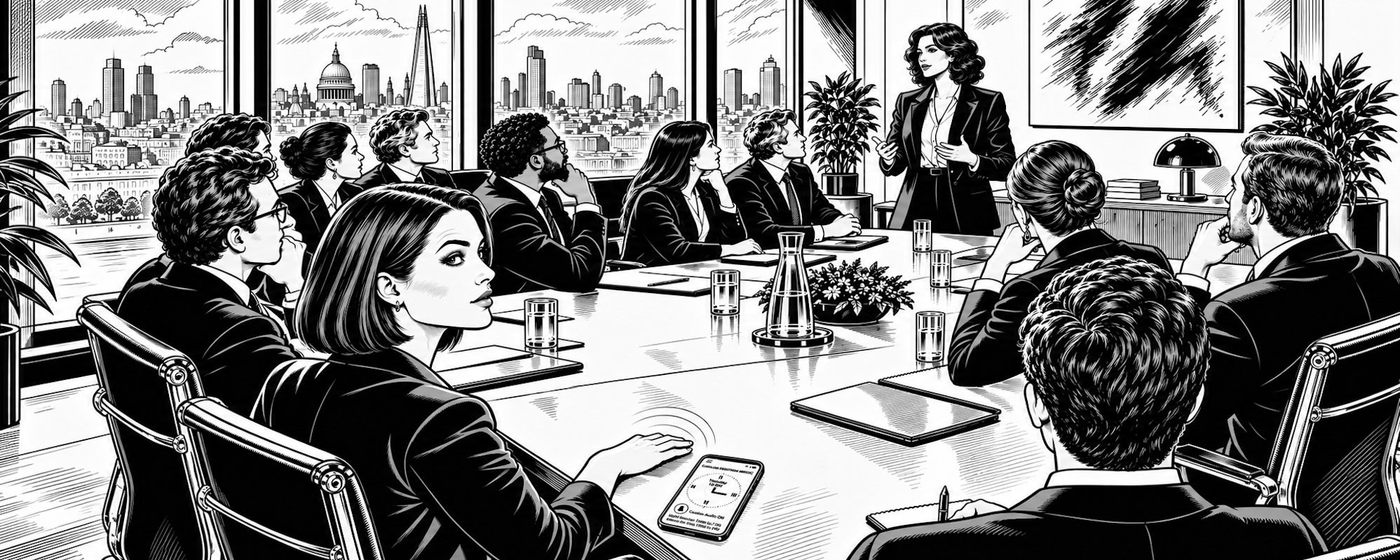 Ink illustration of a business meeting around a long boardroom table, a city skyline in the windows and a phone with a clock face lying on the table.