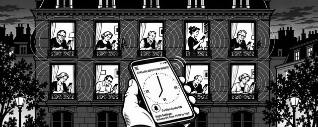 Ink illustration of an apartment building at night with people at lit windows, and a hand holding a phone that shows the Carillon Repetition Minute dial.