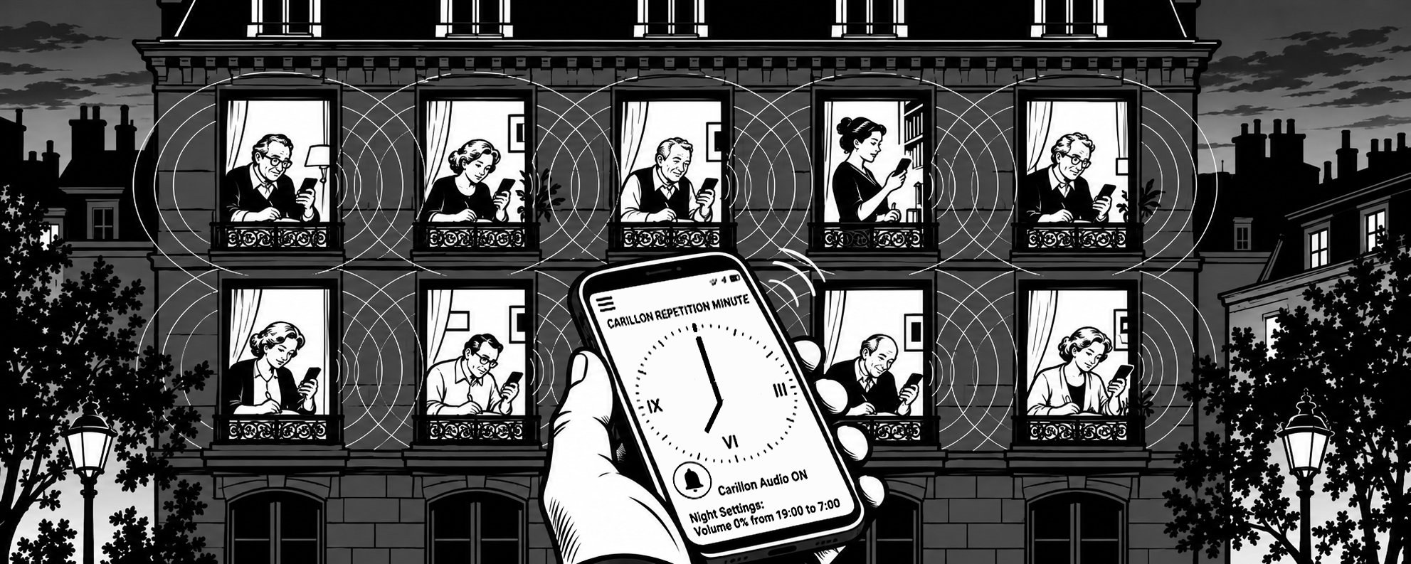 Ink illustration of an apartment building at night with people at lit windows, and a hand holding a phone that shows the Carillon Repetition Minute dial.