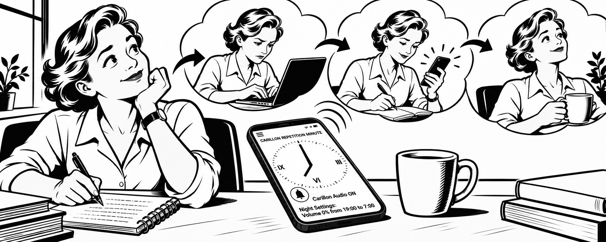 Ink illustration of a woman writing in a notebook, with thought bubbles showing her working, writing, checking her phone and taking a coffee break, and a phone with the Carillon Repetition Minute dial on the desk.
