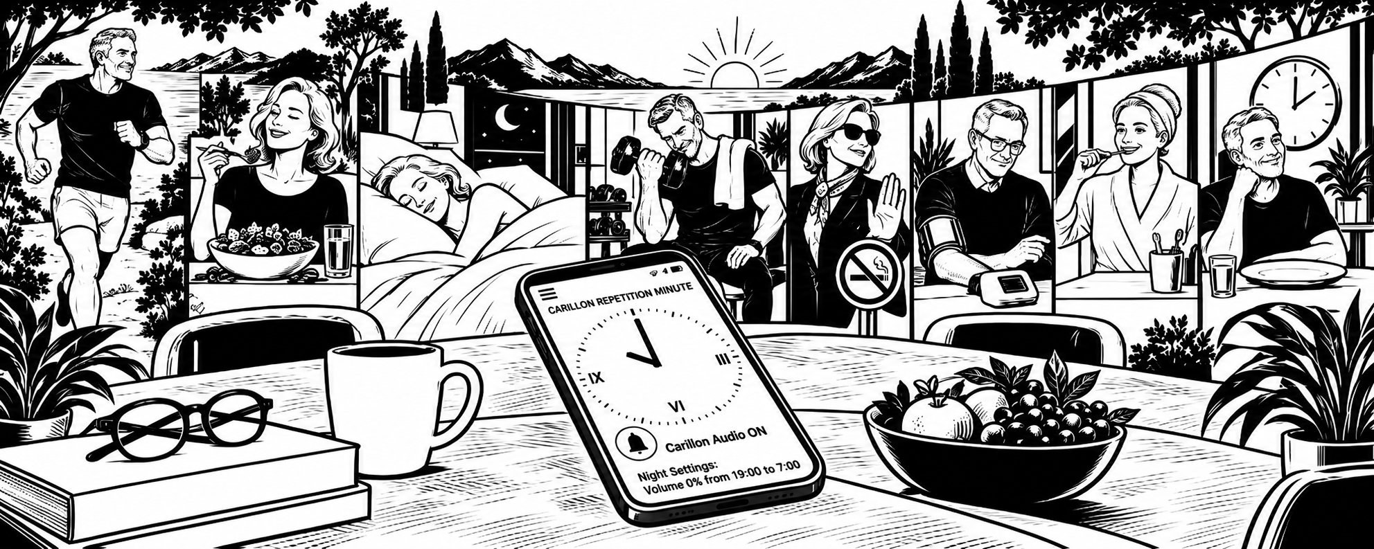 Ink illustration of daily routines such as running, meals, sleep, exercise and health checks, around a table holding a phone that shows the Carillon Repetition Minute dial.