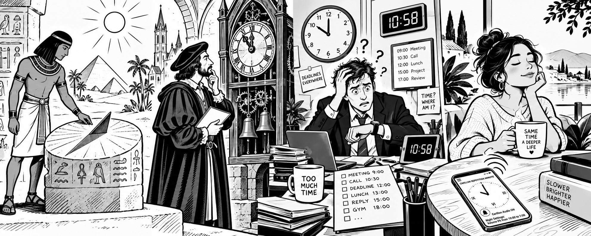 Ink illustration of timekeeping across the ages: an ancient Egyptian at a sundial, a scholar beside a medieval clock, a harried office worker surrounded by schedules, and a relaxed woman with a phone showing a clock dial.