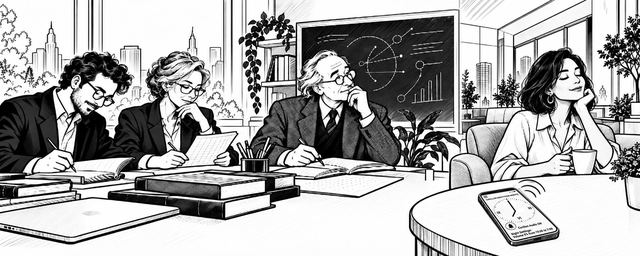 Ink illustration of executives writing in notebooks at a table in a high-rise office, next to a woman relaxing beside a phone.