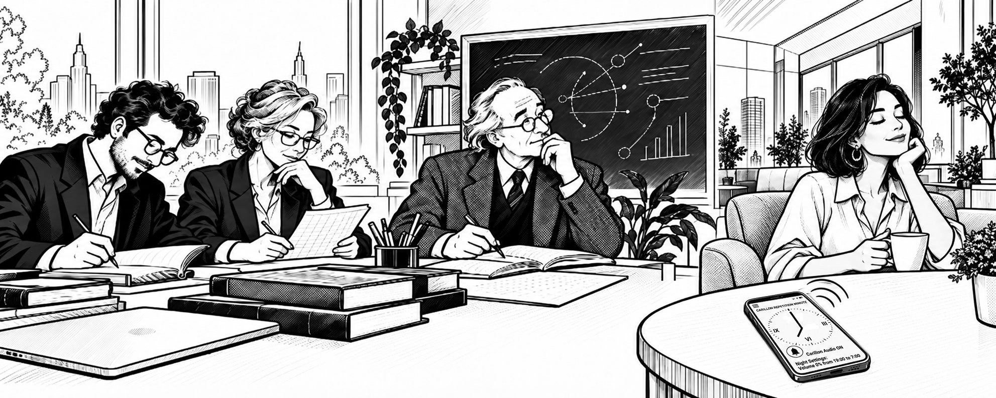 Ink illustration of executives writing in notebooks at a table in a high-rise office, next to a woman relaxing beside a phone.