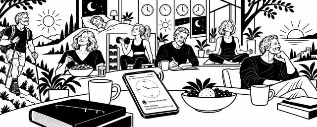 Ink illustration of people hiking, eating, sleeping, exercising and meditating, with a phone showing a clock dial on the table in the foreground.